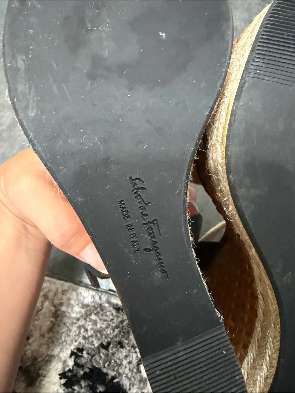 Salvatore Ferragamo Black Leather Espadrilles Wedge Sandal with Rope Ankle Strap
